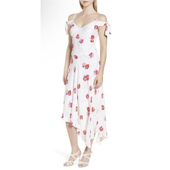 Lewit White Floral Carla Dress Tie Sleeve Asymmetrical Cold Shoulder Size 8 NEW - Picture 1 of 9